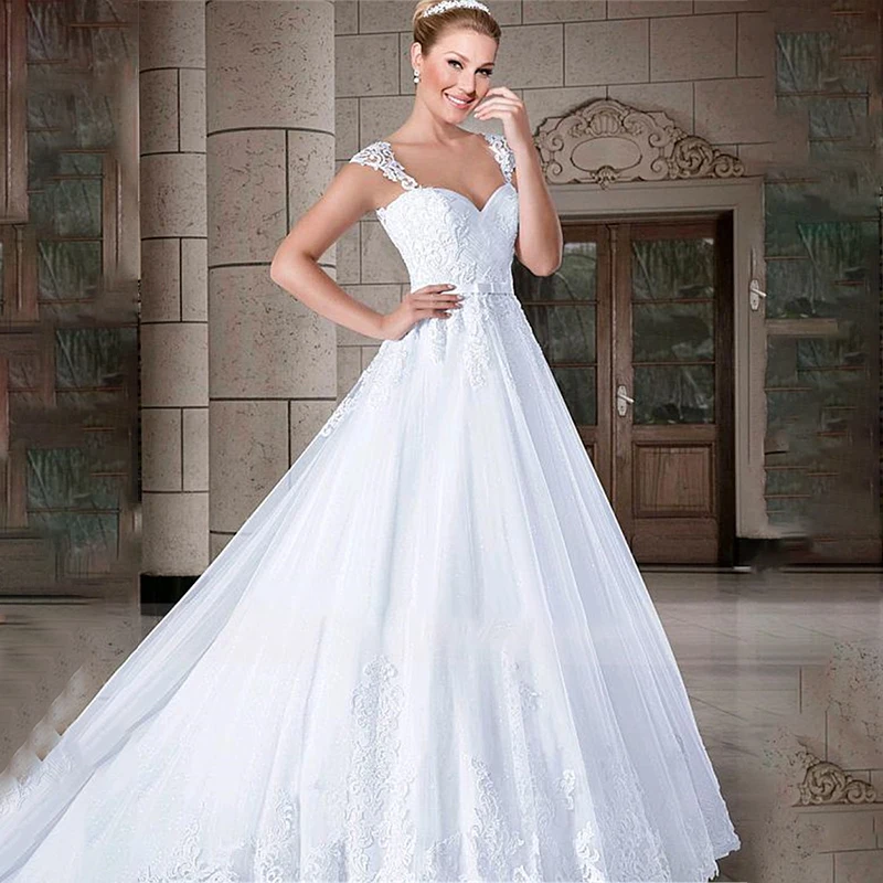 

Robe de Mariee Marvelous Tulle Sweetheart Neckline A-line Wedding Dresses With Beadings & Belt & Lace Appliques Bridal Gown