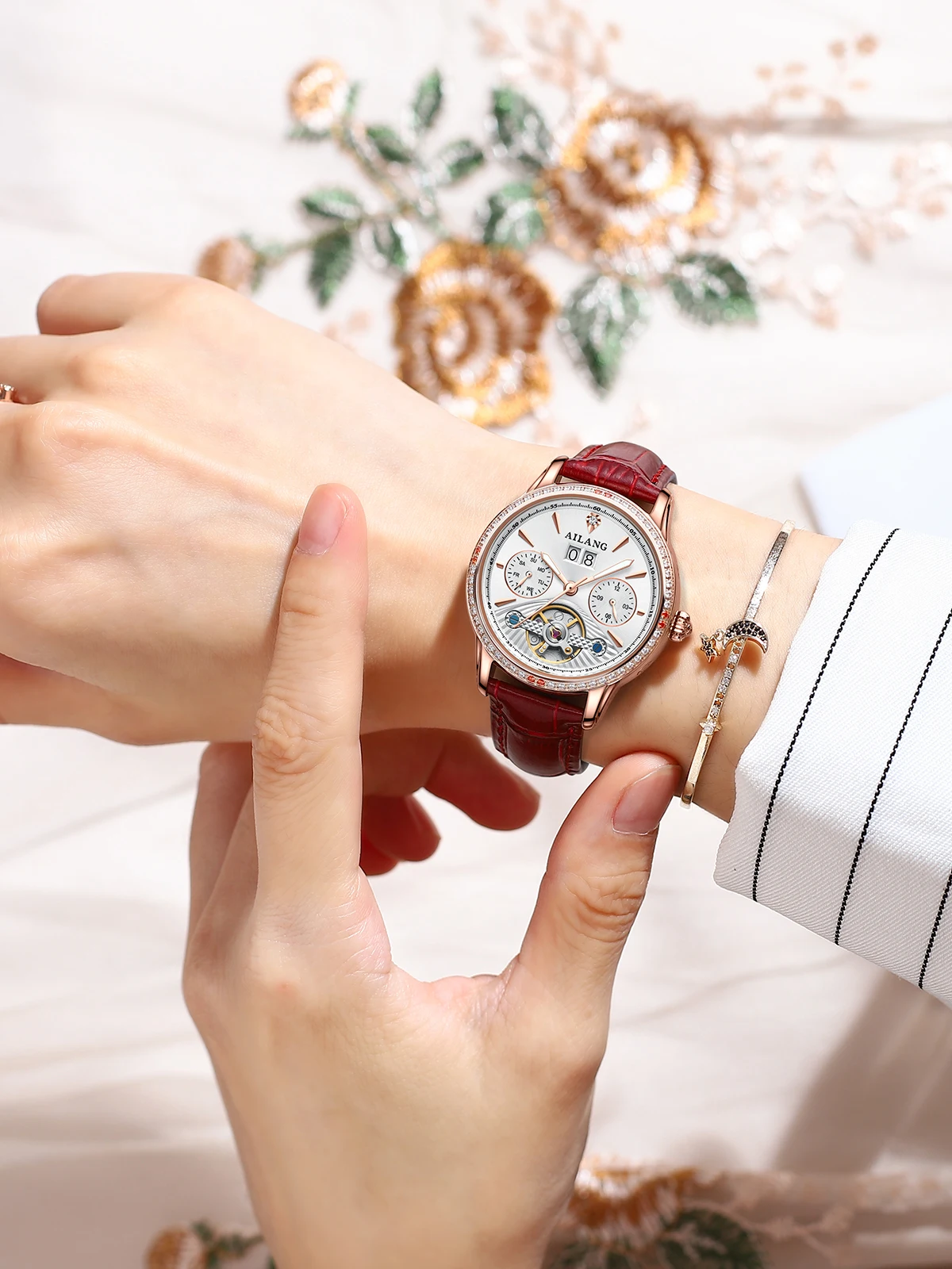 AILANG Women's Tourbillon Automatic Mechanical Watch Crystal Bezel Date Display Watch Waterproof Sports Wristwatch For Women view 3