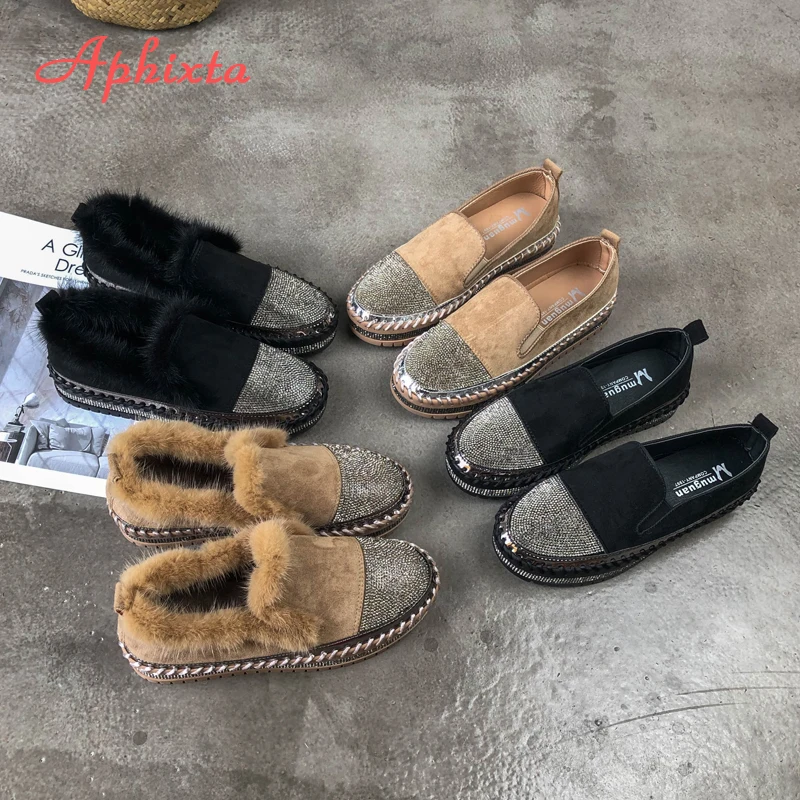 Aphixta Caldo Reale del Visone Della Pelliccia Scarpe Da Donna di Cristallo di Lusso A Mano Cuciture In Pelle Inverno Scarpe Donna Slip-on