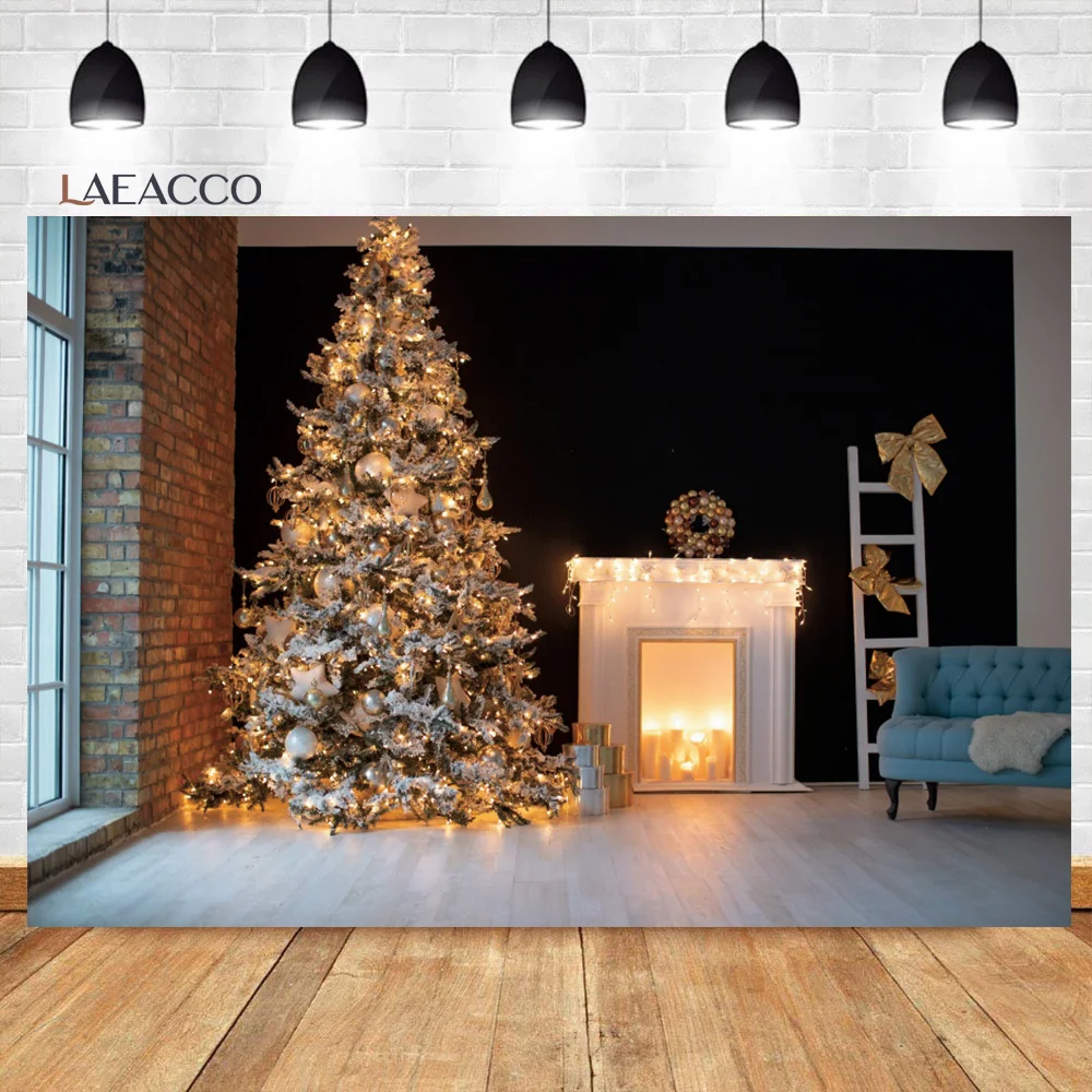 Laeacco-크리스마스 포토콜 우드 하우스 창문 조명 나무 소파 선물 가족 초상화 사진 배경막, 사진 배경