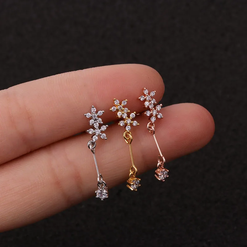 Long Chains Cross Heart Flower Cartilage Helix Tragus Piercing Ear Stud Piercing Jewellery