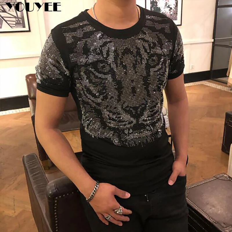 3D Tiger Head Pattern Hot Diamonds Male Tees 2022 New Summer Trend Handsome Short Sleeve Cotton T-Shirt Popular Men’s Clothing