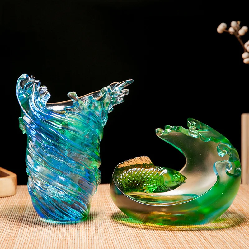 

Luxury Liuli Sea Wave Fish Auspicious Desktop Ornament Desk Pen Container Brush Pot Crytal Study Office Decorate Supplies Holder