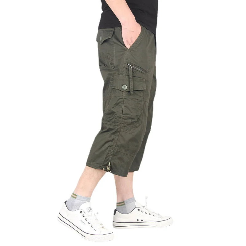 Summer Men\'s Casual Cotton Cargo Shorts Overalls Long Length Multi Pocket Hot breeches Military Capri Pants Male Tactical Short