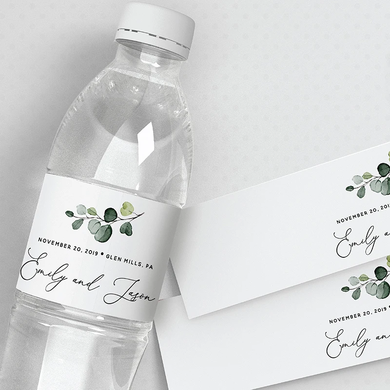 Printable Printed Greenery Wedding Water Bottle Labels - Green & White Custom Water Bottle Labels, Personalized Water Bottle