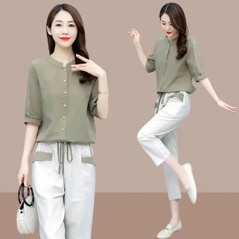 One-Piece/Suit Cotton Linen Women 2025 New Women's Short-Sleeved Shirt Nine-Point Pants Two-Piece Female Top Set  L658