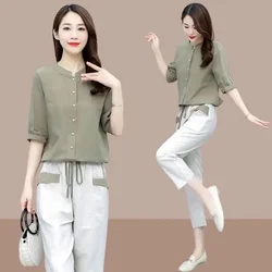 One-Piece/Suit Cotton Linen Women 2024 New Women's Short-Sleeved Shirt Nine-Point Pants Two-Piece Female Top Set  L658