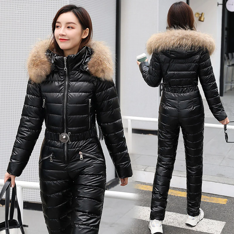 One Piece Ski Suit Women Winter Fur Hooded Jumpsuit Cotton Padded Parka Jumpsuits Zipper Overalls Tracksuits Jacket Pants