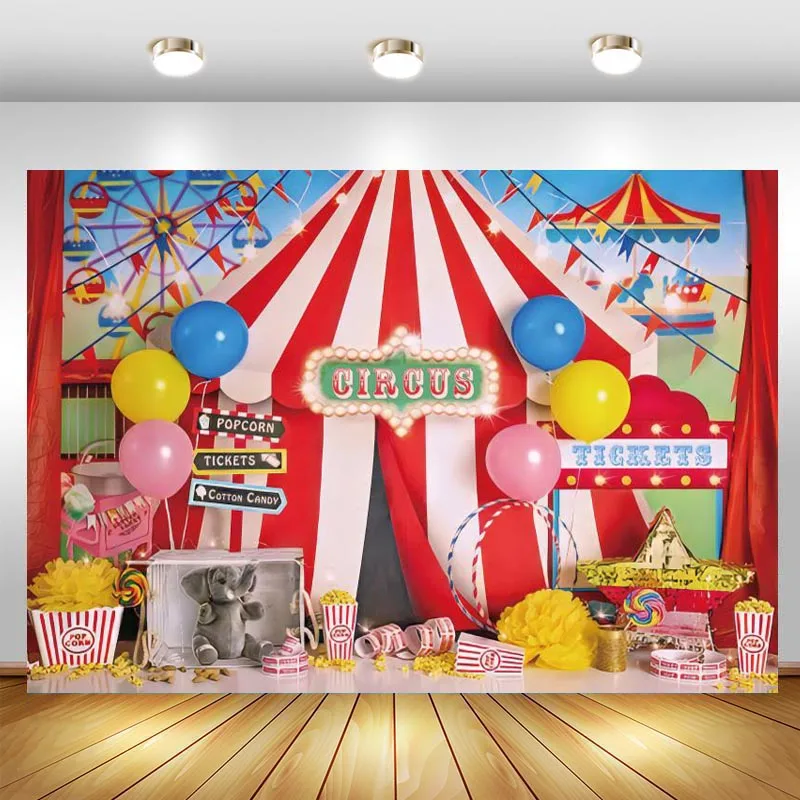 

Circus Backdrop Carnival Carousel Red Tent Baby Shower Birthday Party Photo Background Curtain Balloon Cake Table Decorations