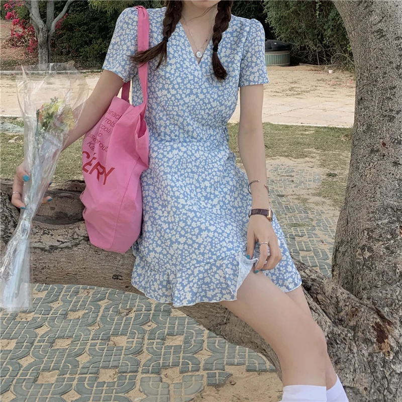 Vintage Tender Short Sleeve Dress Women Slim V-neck Elegant Retro Floral Printed All-match Daily Female Korean Chic Vestidos OL
