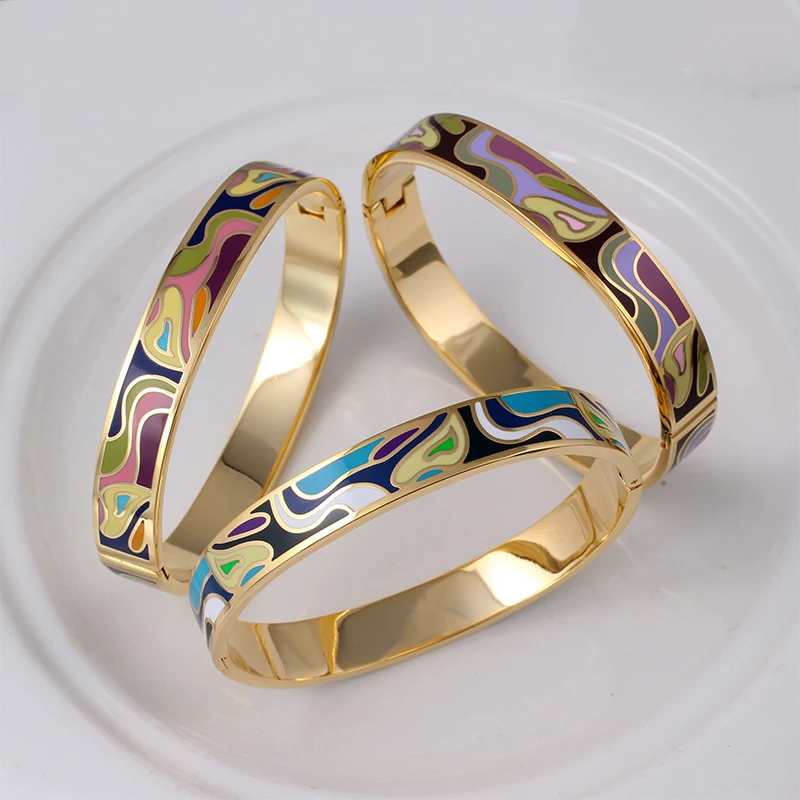 Color Culture Fashion Charms  Gold Geometric Colorful Couples Enamel Bangle Designs Gifts