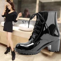 Women's Ankle Rain Boots Autumn Oxford Plain Shoes Woman Dress Zipper Shoe Formal OL High Heels Lady Black Footwear 2019