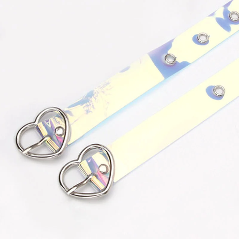 Women\'s Belts Transparent Laser Colorful Holographic Waistbands Round Love Metal Pin Buckle Belt Fashion Casual Punk Decoration