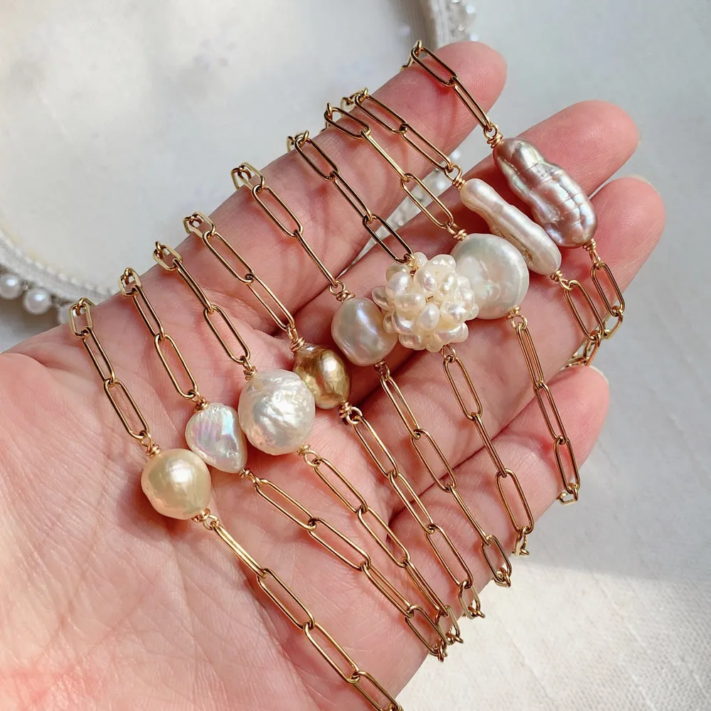 Natural Freshwate Pearl Bracelet Gold Color Stainless Steel Chain Irregular Baroque Pearl Charm Bracelet for Women Wedding Party