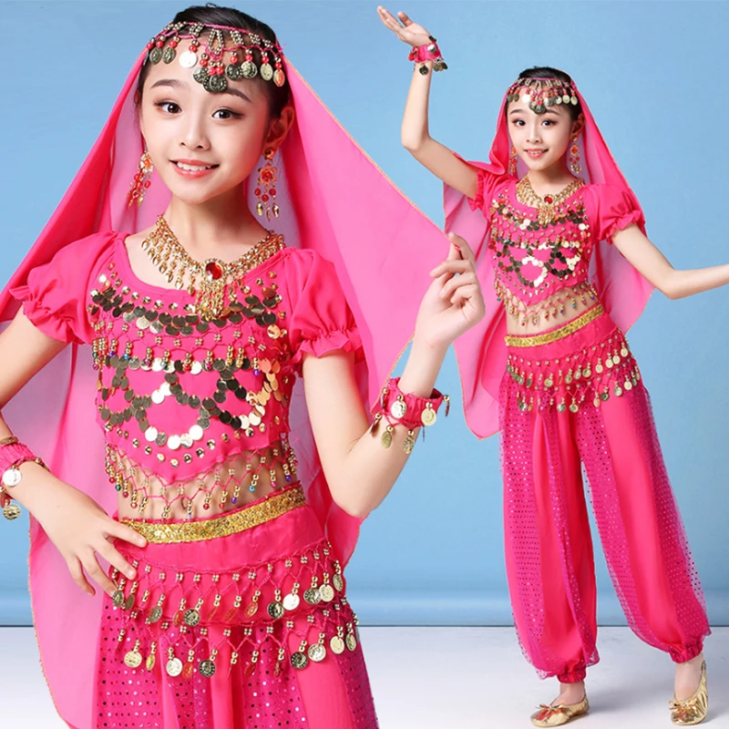 New Kids Bollywood India Belly Dance Costumes Set Oriental Bellydance Girls Dancer Top Bandage Dresses Hip Scarf Coin Clothes