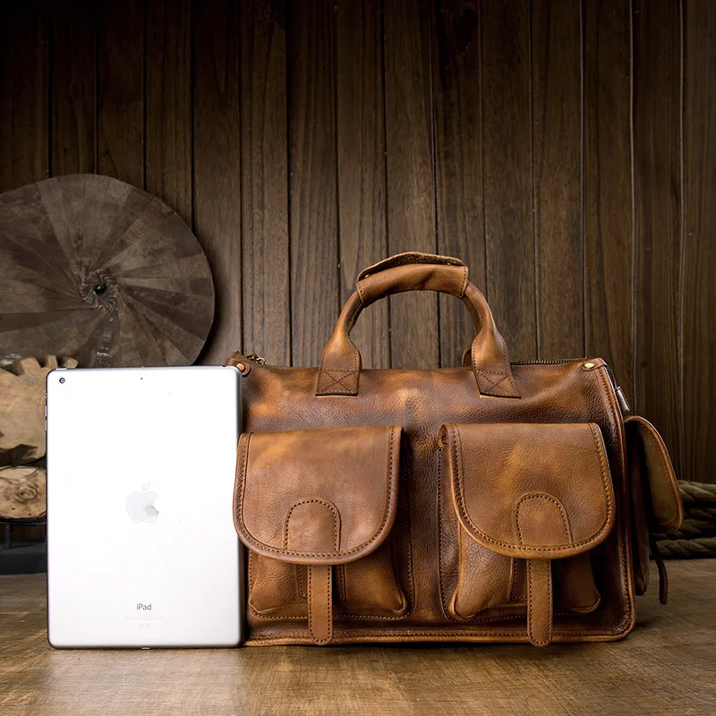 Vintage natural luxury cowhide men's briefcase laptop handbag casual genuine leather multi-pocket large capacity messenger bag