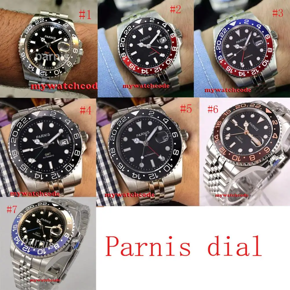 high quality 40mm PARNIS black dial Jubilee Bracelet Sapphire glass Ceramic bezel GMT automatic mens watch Mechanical Watch