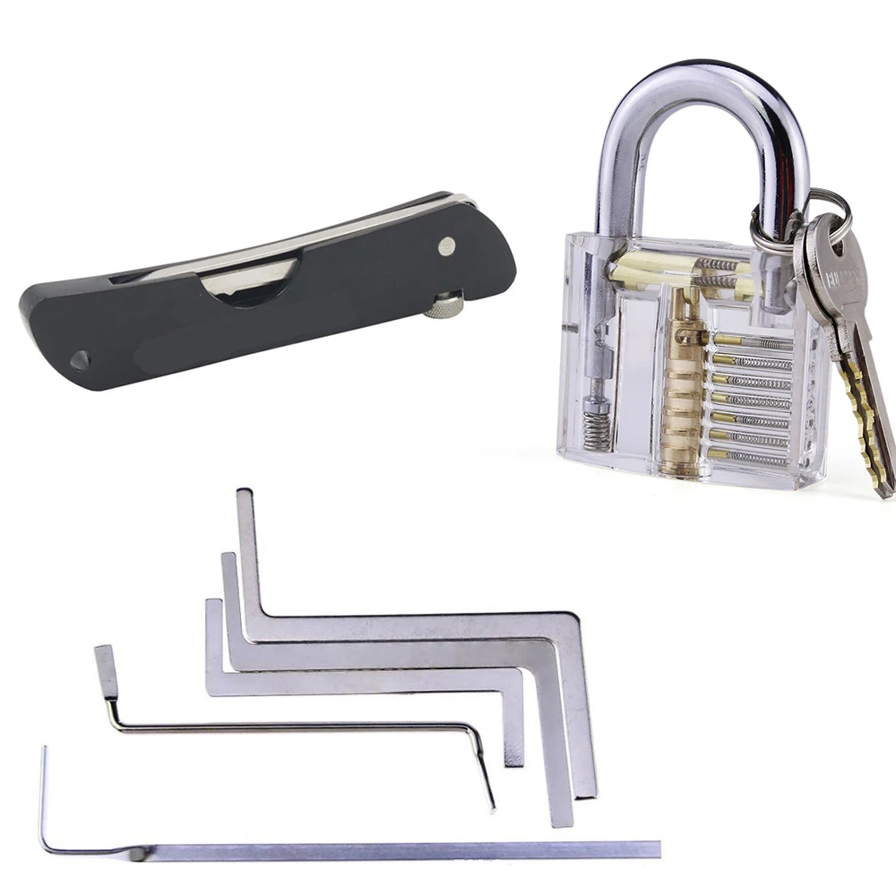 Top Quality H&H Folding Locksmith Tool 6 in 1 Pocket Locksmith Set with Transparent Practice Padlock + 5pcs Tension Wrenches