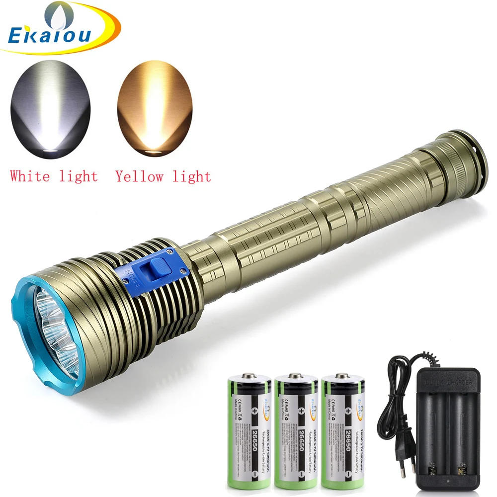 New Diving Flashlight 9 LED L2 Underwater 100M Waterproof Dive Torch White / Yellow Light Tactics 26650 Catch Fish Scuba Lamp