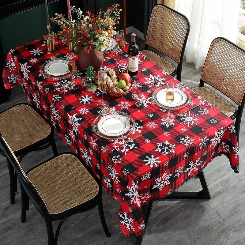 Christmas Tablecloth Snowflake Printed Checkered Tablecloth Party Wedding Ceremony Decoration Accessories Rectangular Tablecloth