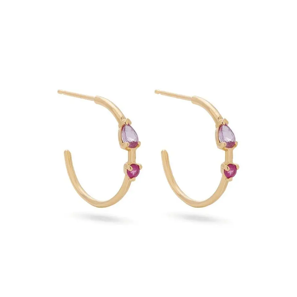 Gold Plated 925 Sterling Silver Small Circle Hoop Earring Paved Red Cubic Zirconia Multi Piercing Minimal Delicate Jewelry