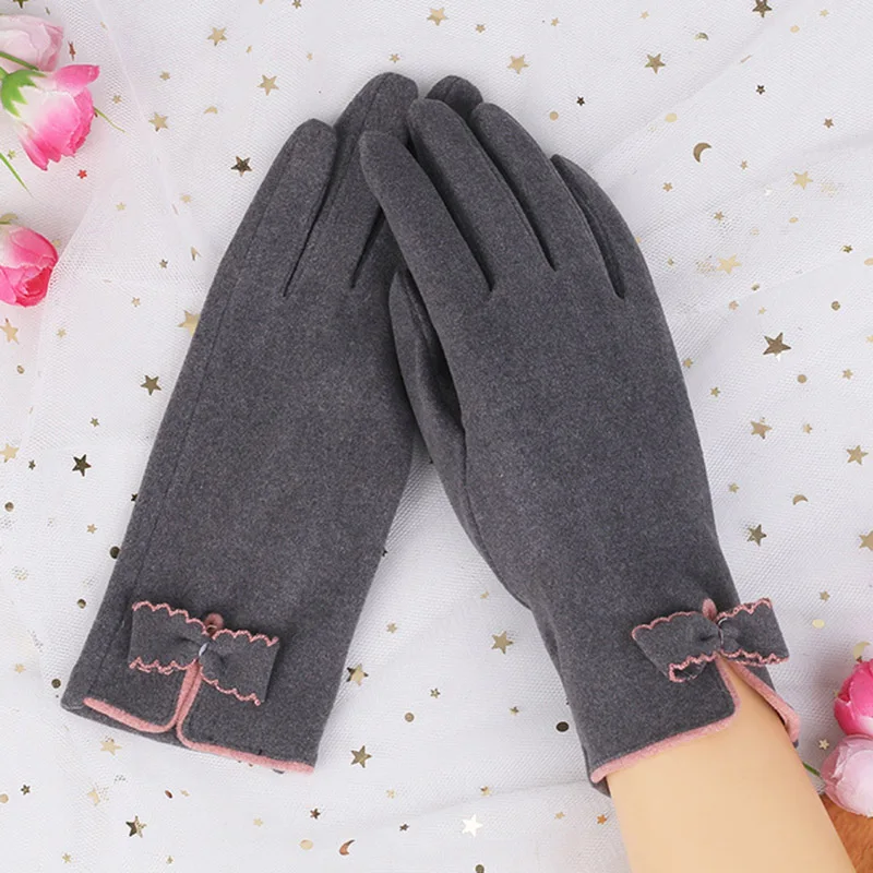 Spring Autumn Female Thin Warm Cashmere Full Finger Love Heart Bow Sports Cycling Mittens Women Touch Screen Driving Gloves J25