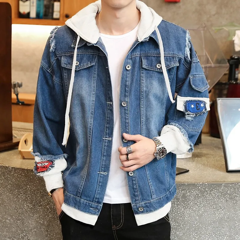 Jaket Denim Pria Streetwear Hip Hop Jaket Jeans Bertudung Pria Pakaian Luar Longgar Kasual 2021 Mantel Ramping Mode Musim Semi Baru