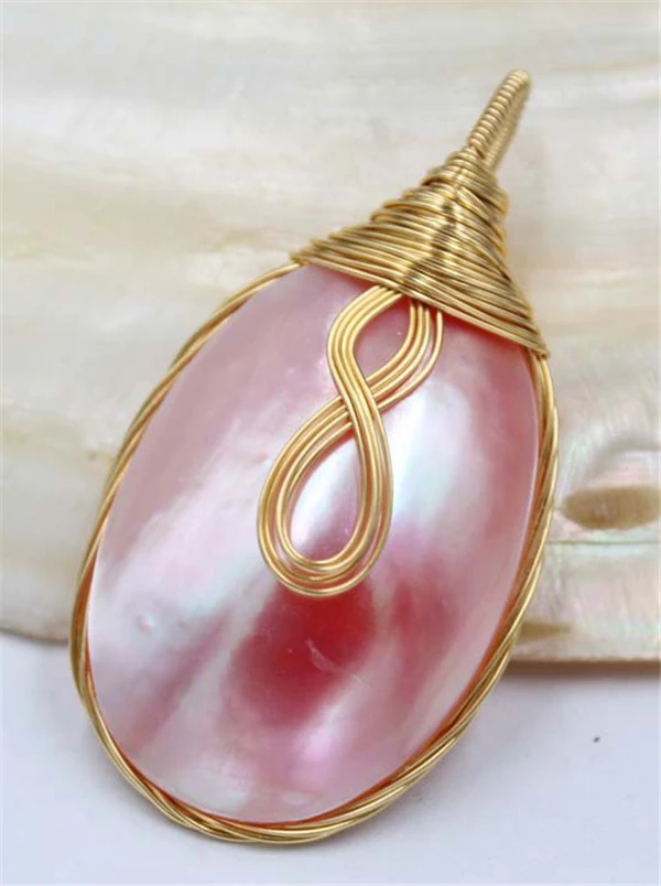 HABITOO Huge 40mm Pink Oval Mabe Pearl Chain Pendant Necklace 18kgp Gold Wire Wrapped Fine Elegant Jewelry for Women