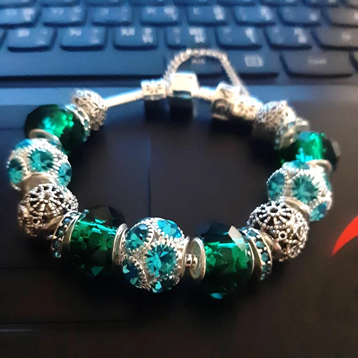 ANNAPAER High Quality Blue Crystal Bracelet with Green Murano Beads Charm Fit Pan Original Bangles for Women DIY Jewelry B16088