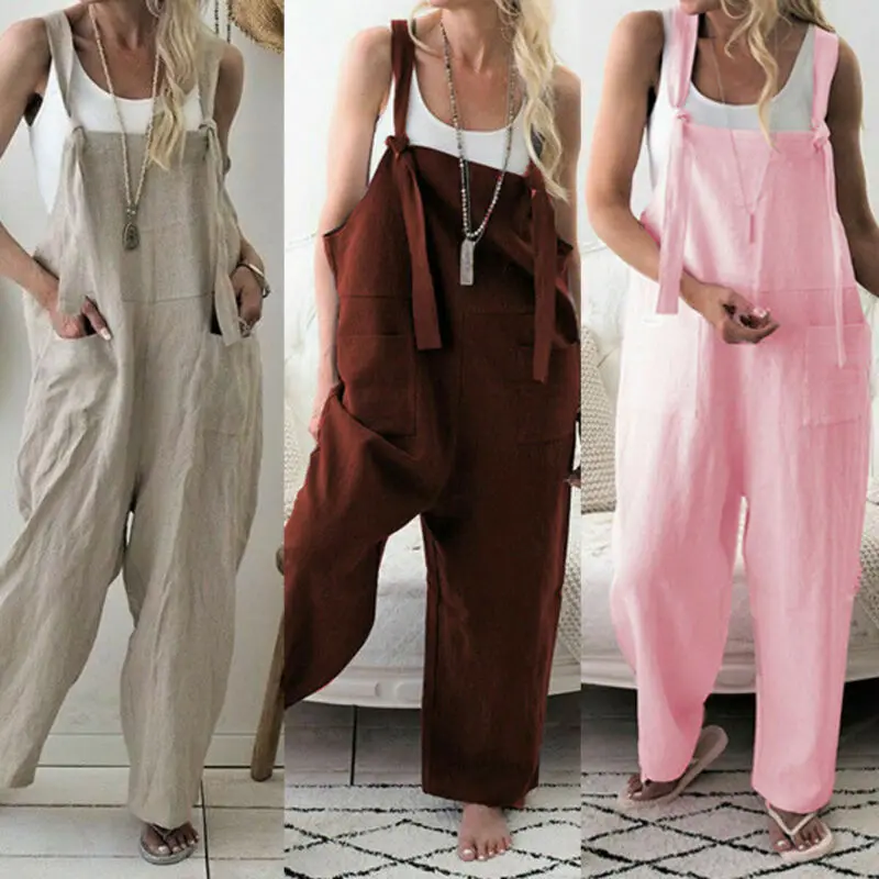 Women\'s Linen Dungarees Harem Strap Pant Loose Jumpsuit Baggy Trousers Overalls