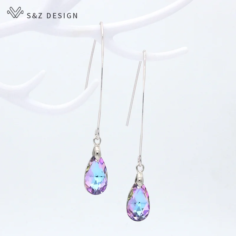 S & z-女性のためのゴールドとホワイトのドロップ型クリスタルイヤリング,シンプルなロングイヤリング,イヤーフック,パーティージュエリー,ギフト