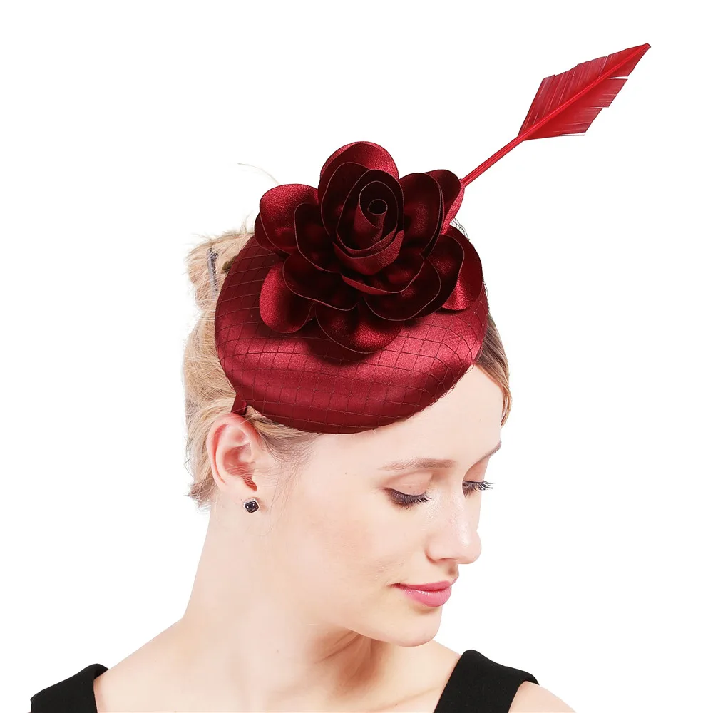 Satin Fascinator Hat Hair Clip Women Cocktail Wedding Party Headwear Bridal Fashion Marron Feather Ladies Dress Headpiece