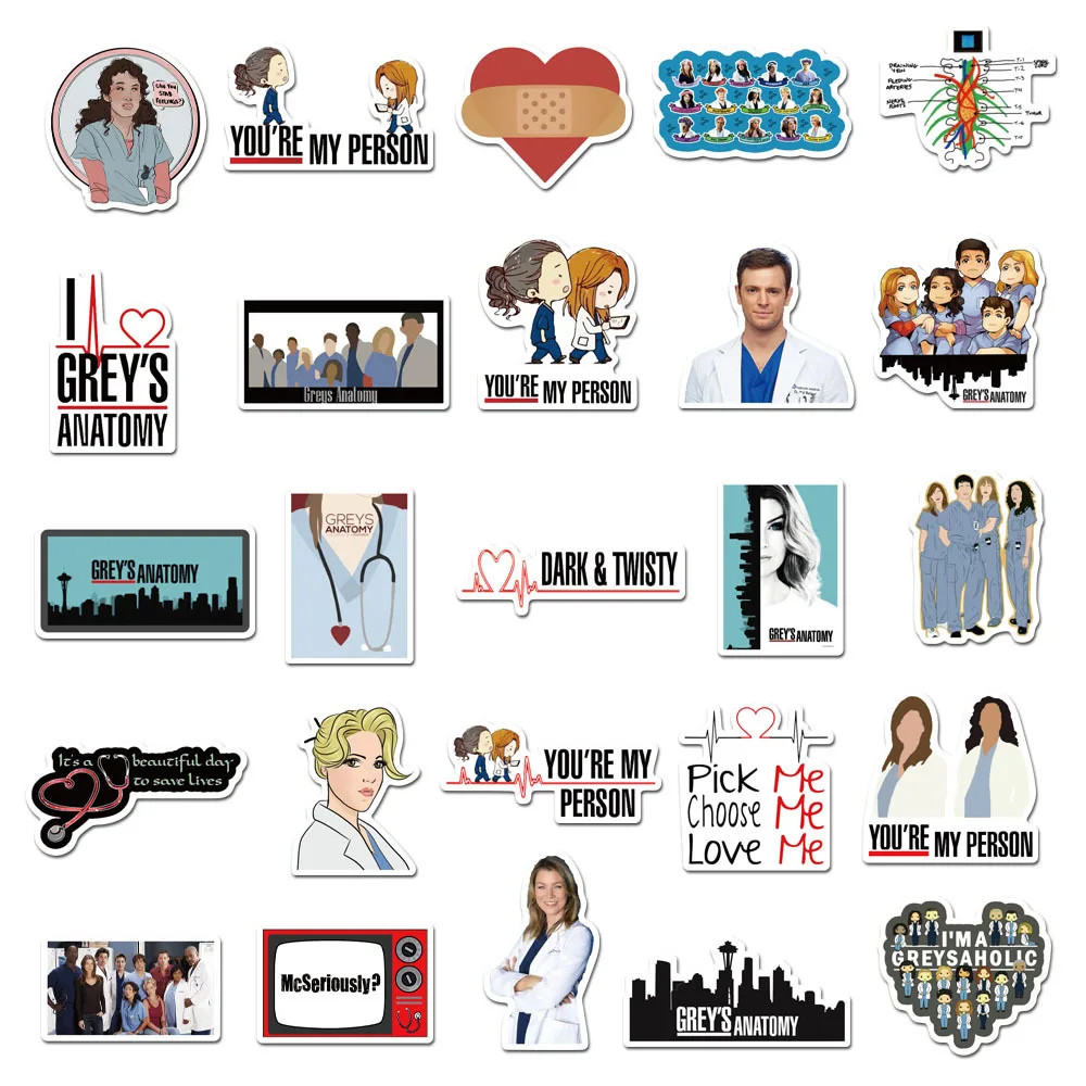 10/30/50PCS TV Show Greys Anatomy Waterproof Stickers DIY Skateboard Guitar Laptop Luggage Funny Graffiti Decal Sticker Kid Toy