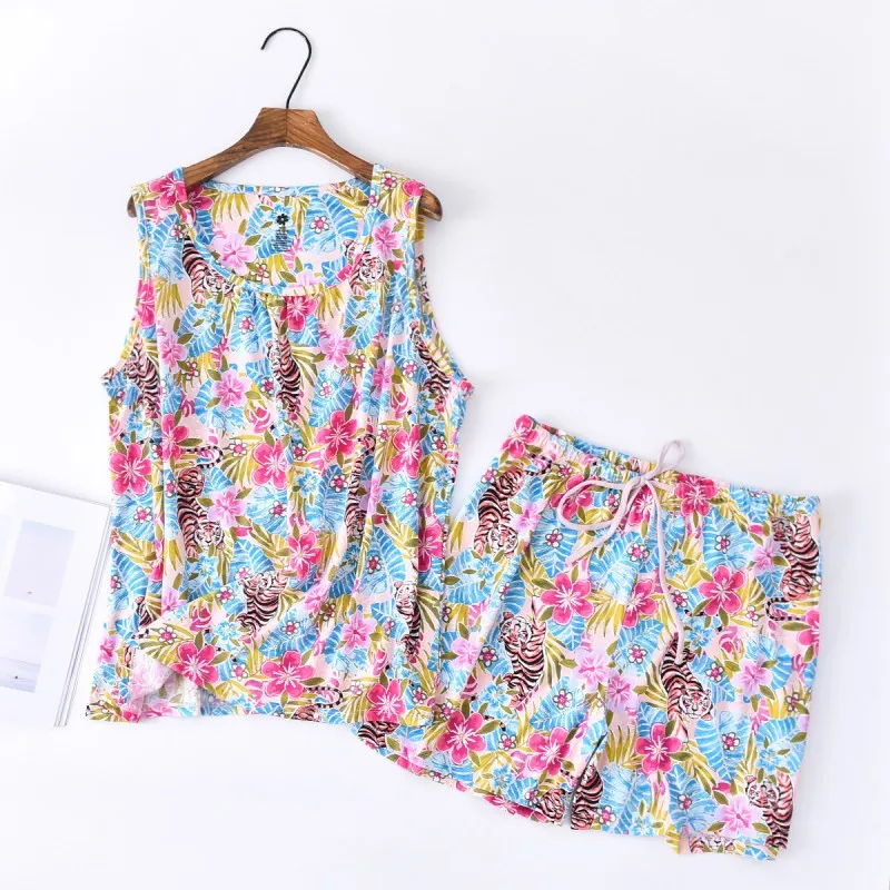 2024 Summer Female Casual Pajama Sets Ladies 100% Cotton Sleepwear Suit Women Sleeveless Vest Shirt & Shorts Plus Size Pajamas