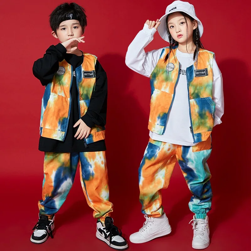 Kid Kpop Hip Hop Clothing Sweatshirt Print Sleeveless Jacket Top Streetwear Jogger Pants for Girl Boy Jazz Dance Costume Clothes