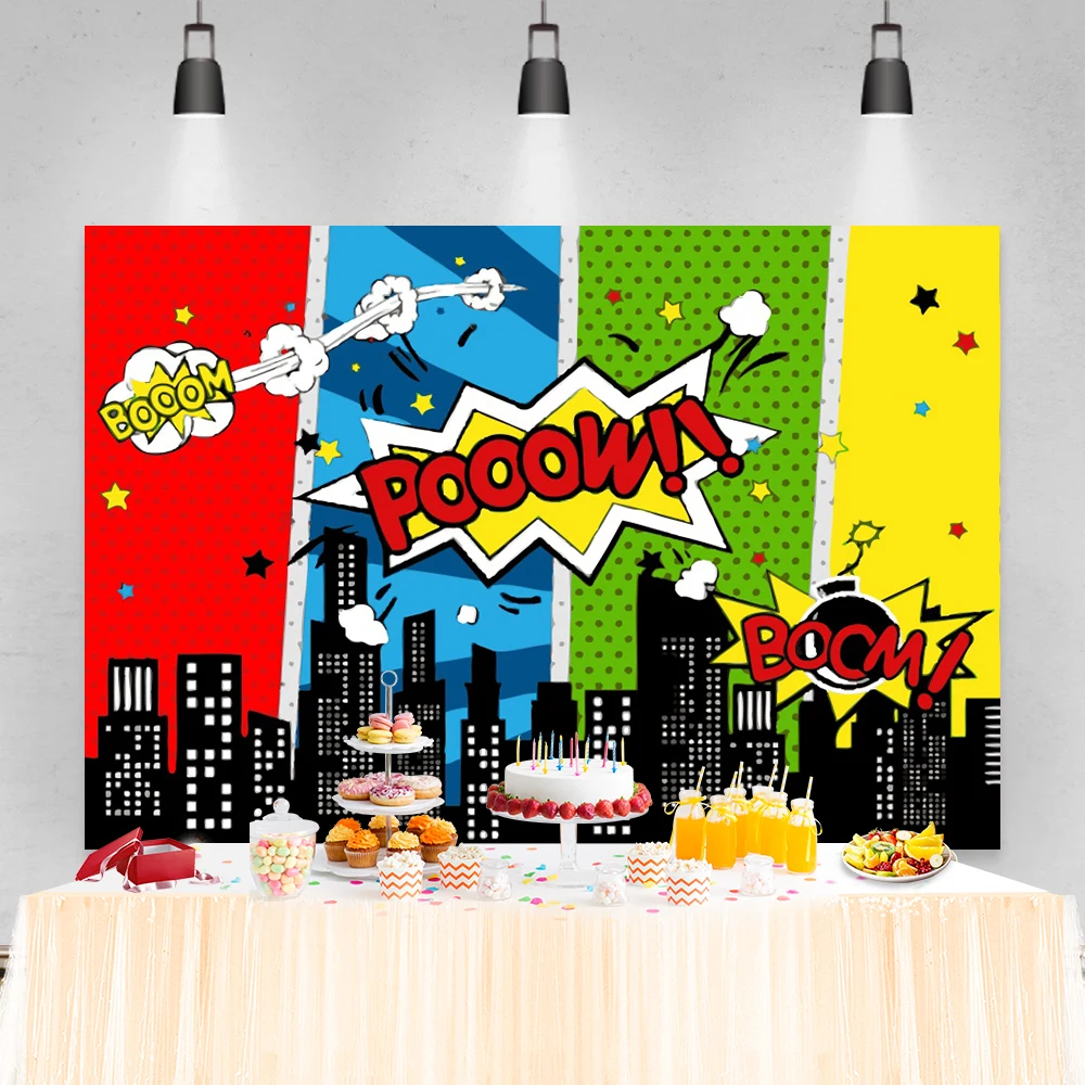 Superhero Birthday Backdrop For Photography Baby Cartoon Comic City Building Family Shoot Photocall Kid Poster Photo Background