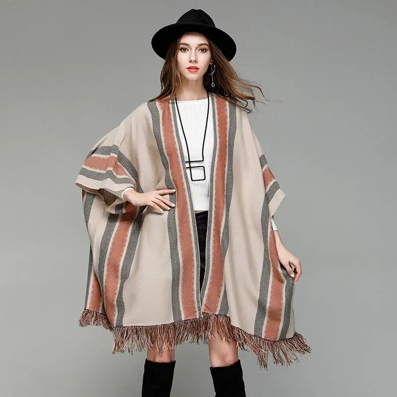 

Loose Knitted Cardigans Tassel Autumn Winter Long Poncho Capes Batwing Sleeve Striped Shawl Cloak Sweater Outwear Clothing