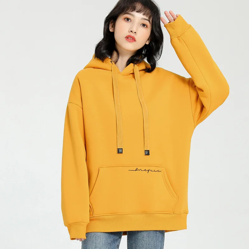 

At193070 Winter Lamb Velvet Hooded Sweatshirts Thicken Simple Fashion Sweet Purple Big Pocket Unique Letter Embroidery Pullovers