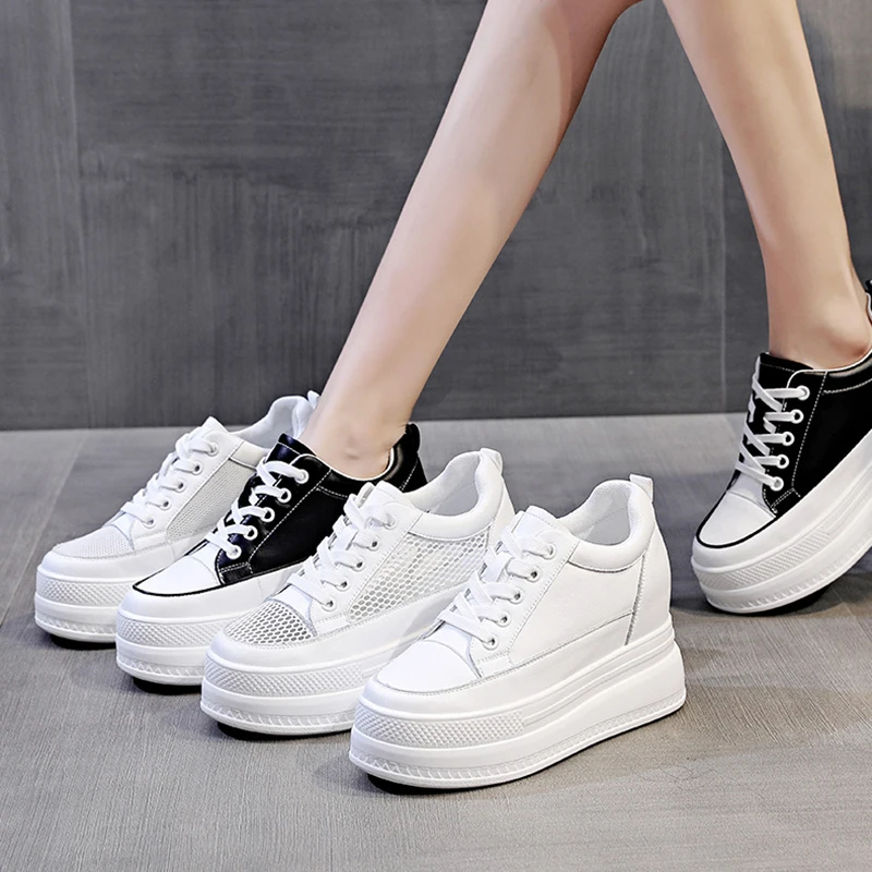 

Split Leather Casual Women Shoes White Black Sneakers Women Spring Summer Shoes Breathable Mesh High Heels Woman Chunky Sneakers