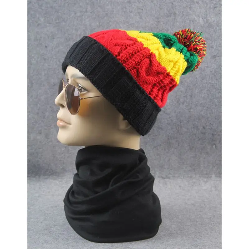 Unisex Winter Braided Knit Pompom Beanie Cap Rainbow Stripes Cable Crochet Warm Stretchy Hip Hop Jamaican Skullies Hat