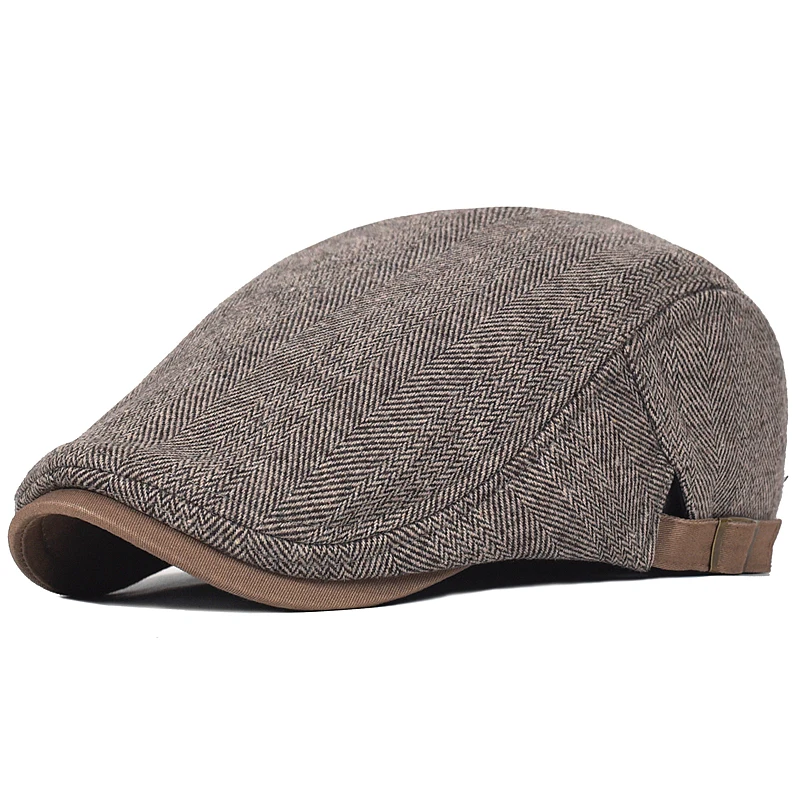 Big Size Newsboy Cap Men Winter Wool Thick Warm Vintage Herringbone Casual Stripe Berets Gatsby Flat Hat Peaked Cap Adjustable