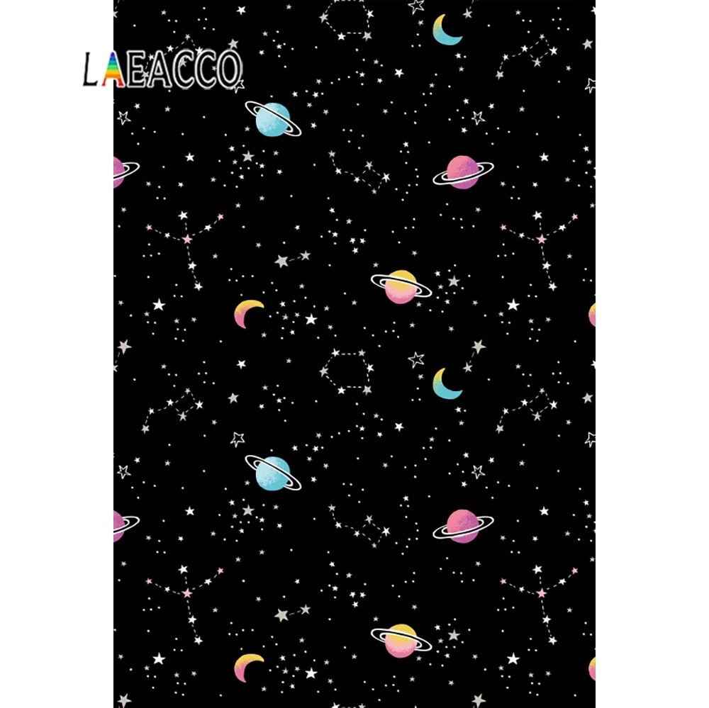 Laeacco Baby Cartoon Spaceship Star Starry Moon Birthday Party Pattern Photo Background Photography Backdrop Photo Studio