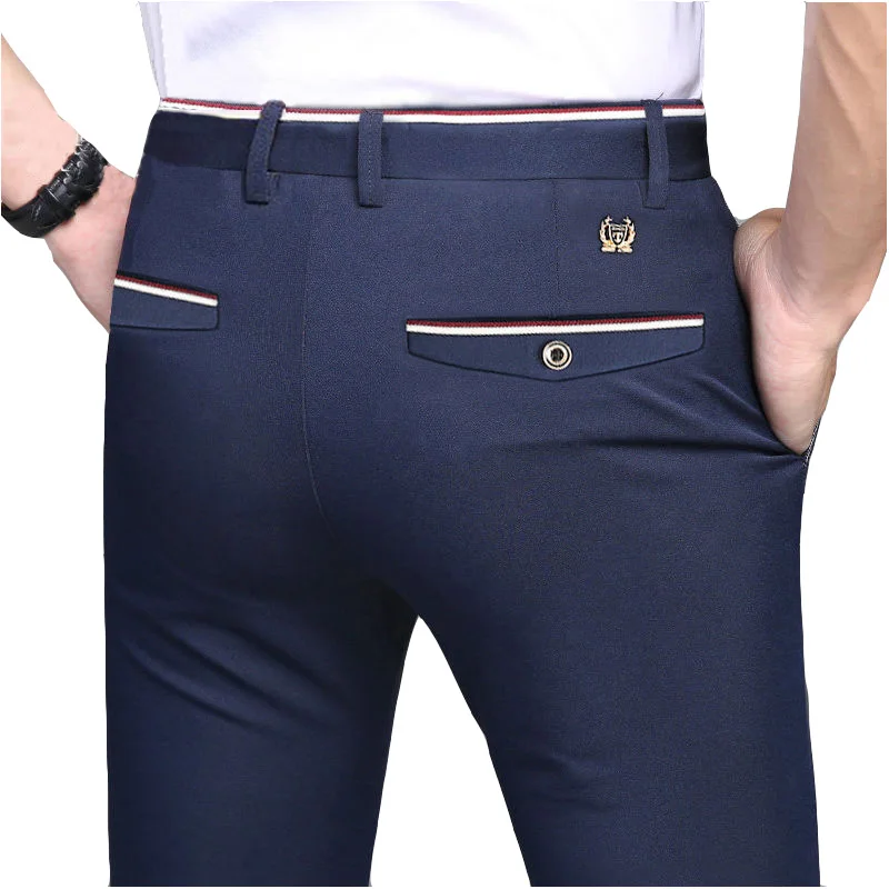 Pantalones de traje elegantes para hombre, pantalón largo recto de Color sólido, ajustado, Formal, negro y azul, a la moda, 2020