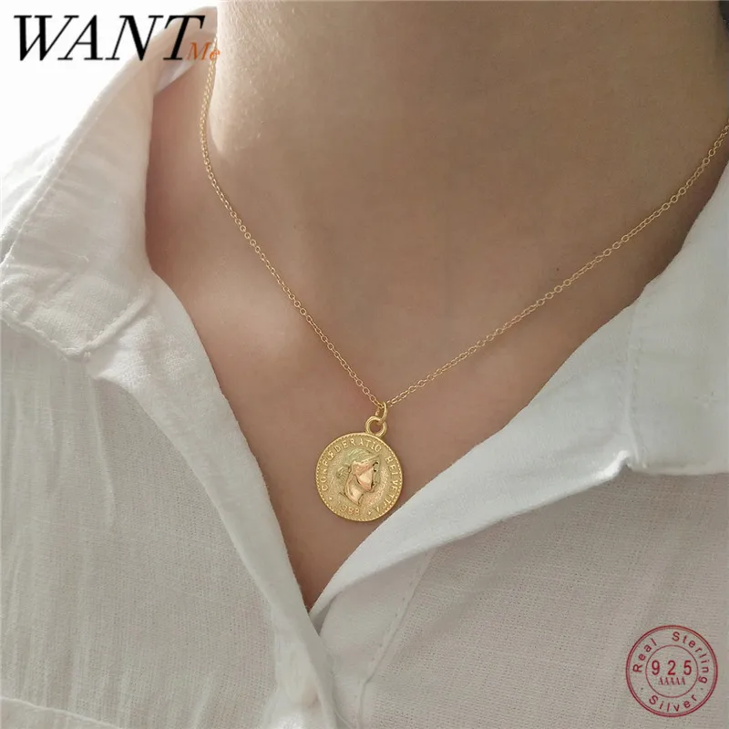 WANTME Fashion Real 925 Sterling Silver Round Dollar Queen Medallion Chain Pendant Necklace For Women Fine Jewelry Accessories