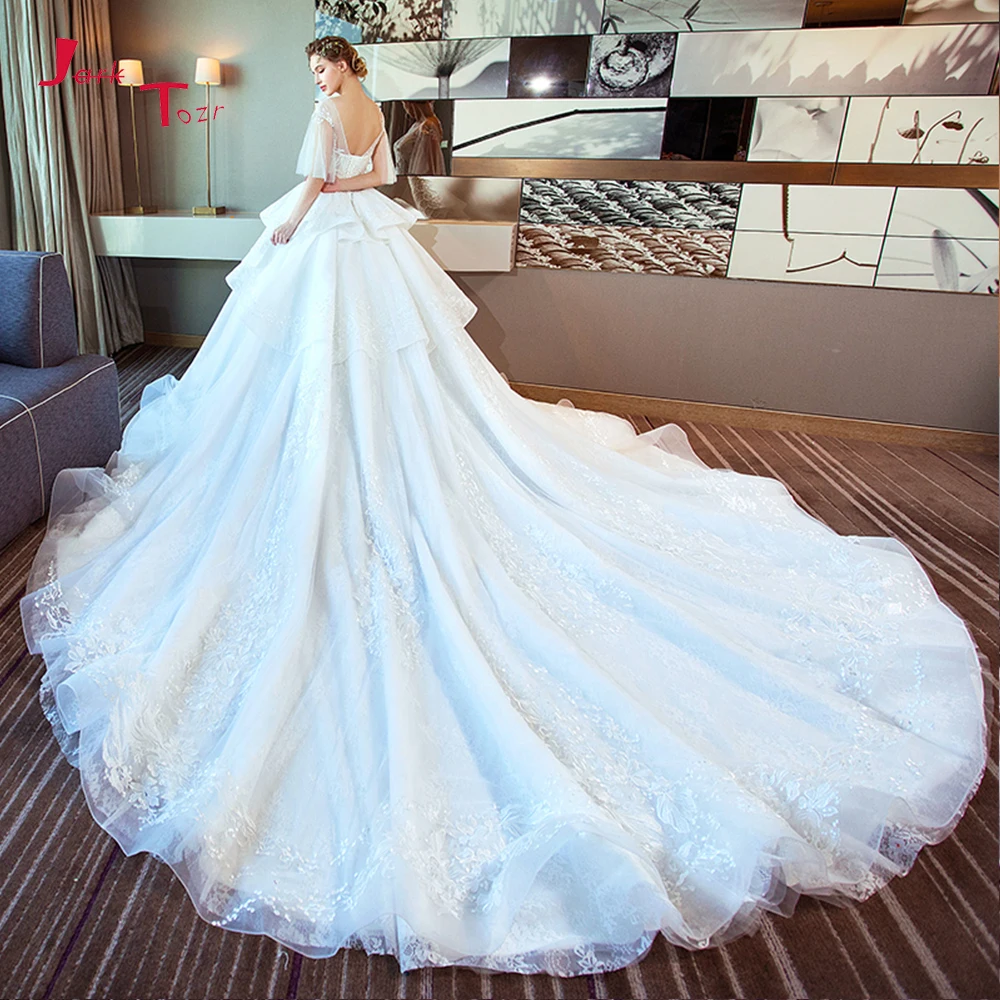 Vestido De novia De manga corta con cuello redondo, con apliques De encaje, para novia