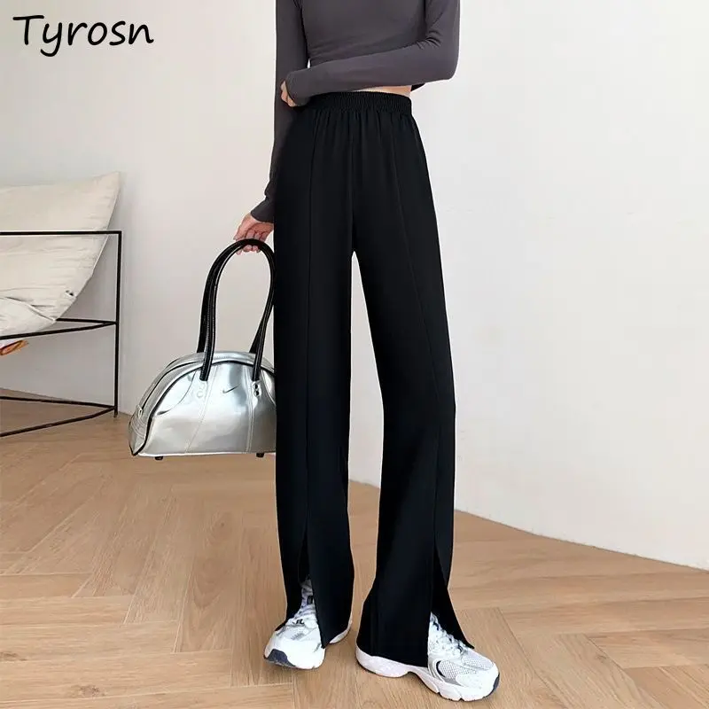 

Casual Pants Women Design Front-slit Black Baggy Trousers Elegant High Street Fashion Elastic Waist Mopping Wide Leg Pant Lady