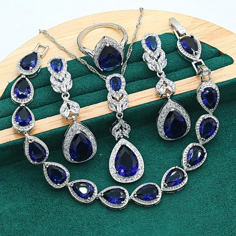 Droplet Shaped 925 Silver Jewelry Sets for Women Blue White Zircon Bracelet Earrings Necklace Pendant Ring  Gift