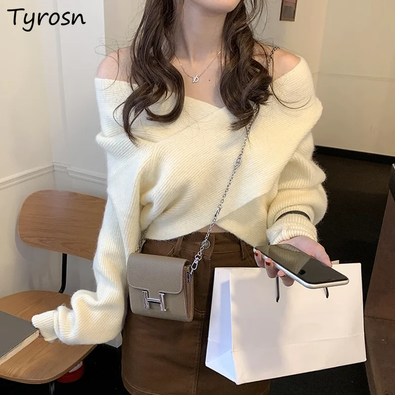 Women Sweaters Criss-cross Irregular Cropped Tender Solid Color Pullovers Temperament Knitwear Off-shoulder Sweet Korean Sexy