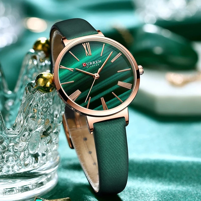 CURREN Luxury Watches for Women Malachite Green Quartz Dress Ladies Bracelet Wristwatch with Leather Female Clock Waterproof