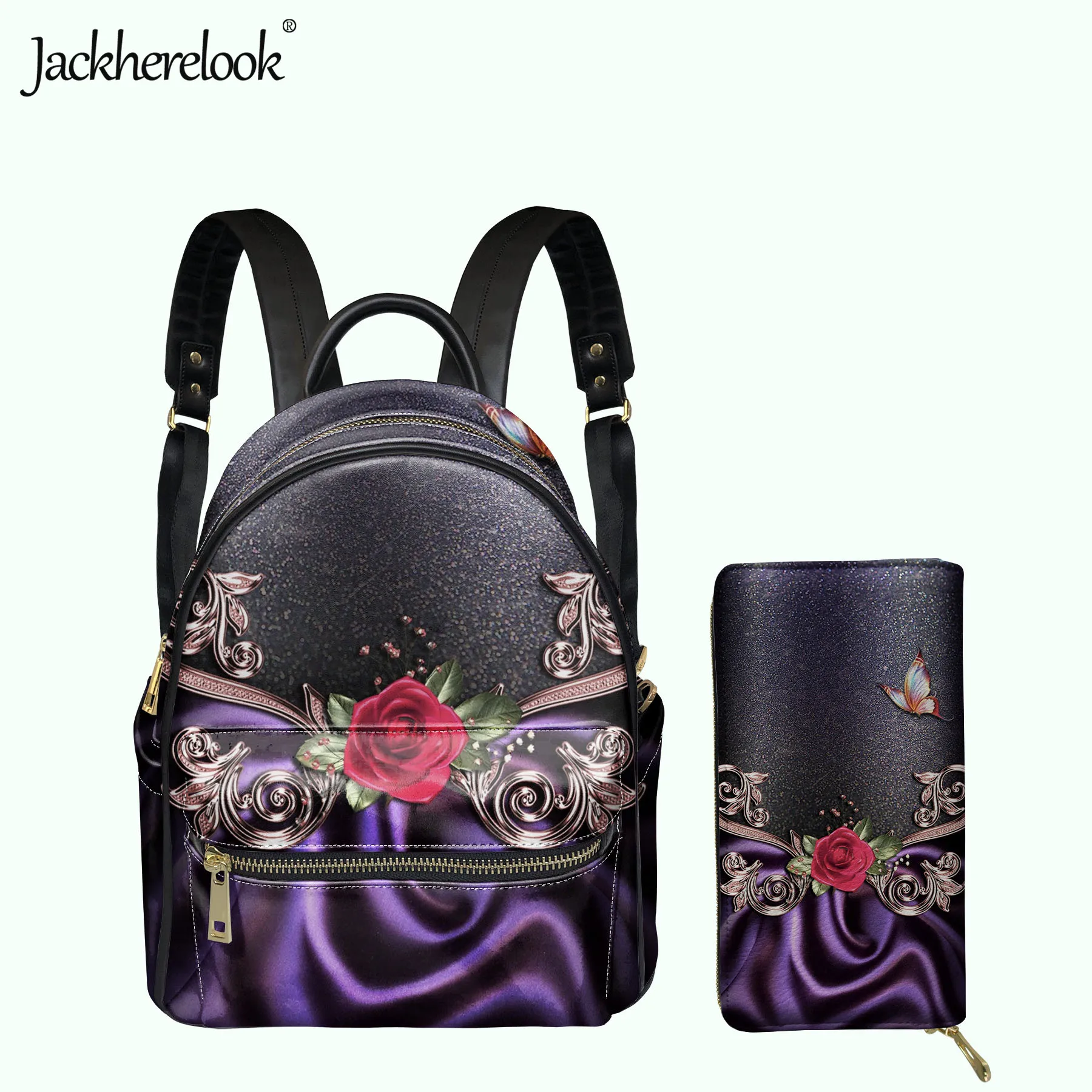 

Jackherelook Rose Butterflies Design Women's Bag Set Luxury Mini Leather Backpack for Women Girls Small Campus Schoolbag Satchel